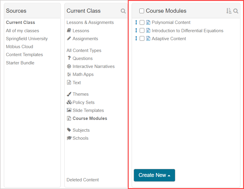 Course Modules is the twelfth option in the Current Class pane.